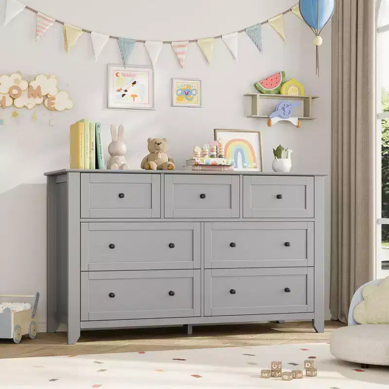 Commode à 7 tiroirs avec poignées en métal, grande commode en bois de 54 po de large, armoire de rangement moderne pour vêtements de chambre avec tiroirs profonds