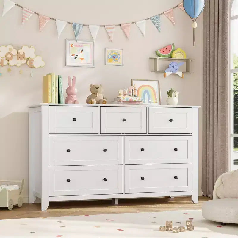 Commode à 7 tiroirs avec poignées en métal, grande commode en bois de 54 po de large, armoire de rangement moderne pour vêtements de chambre avec tiroirs profonds
