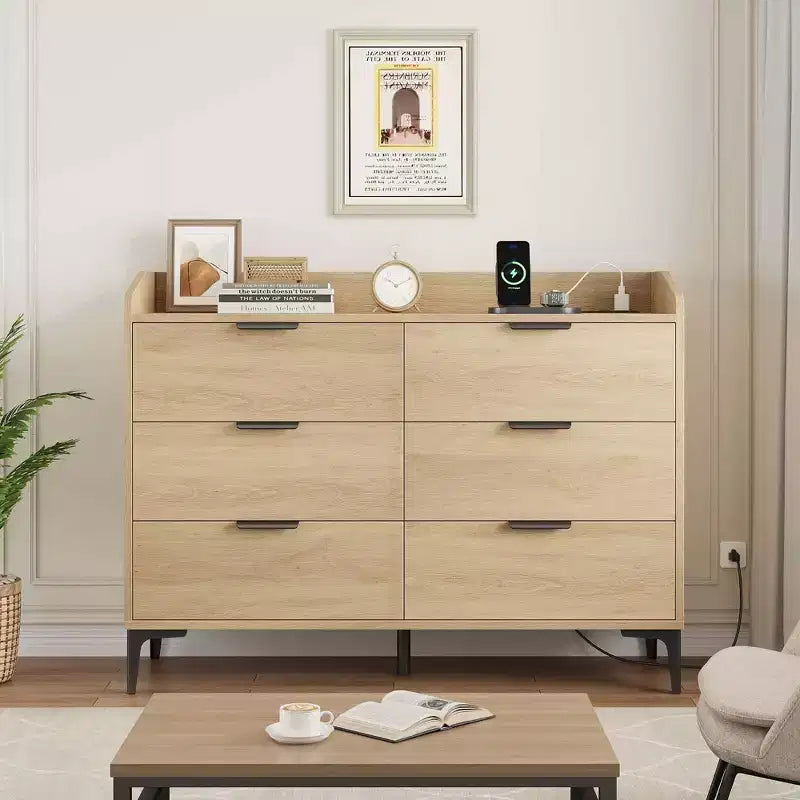 Commode de rangement moderne à 6 tiroirs en bois, meuble haut autoportant, sécurité anti-basculement, assemblage facile, pieds réglables, pour chambre, salon
