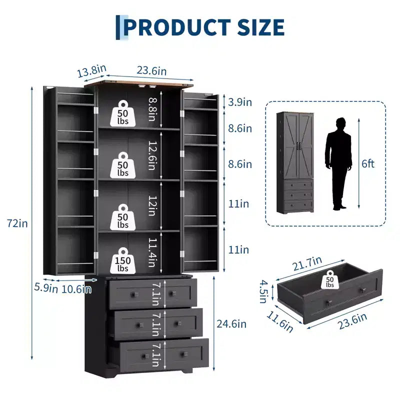 Meuble de cuisine autoportant de 183 cm, armoire de rangement de style ferme, étagères réglables, pour salon
