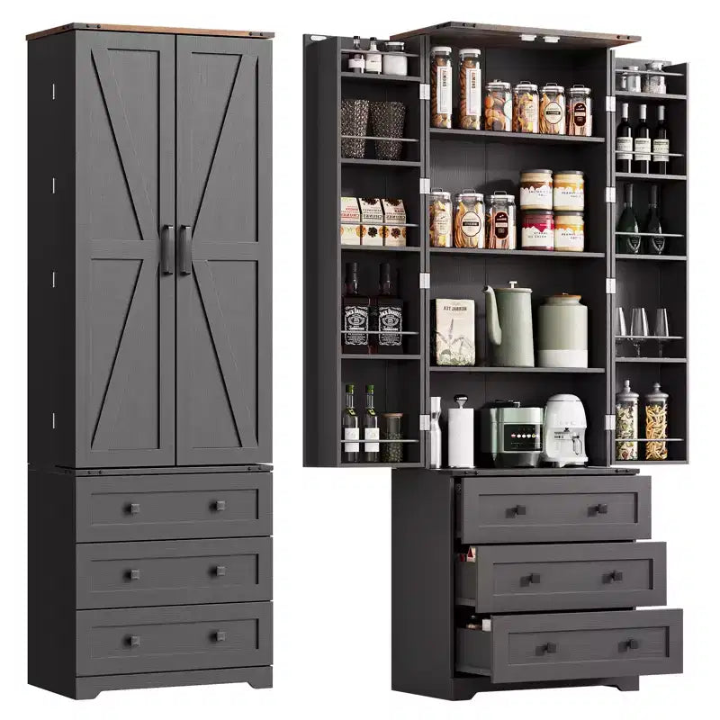 Meuble de cuisine autoportant de 183 cm, armoire de rangement de style ferme, étagères réglables, pour salon