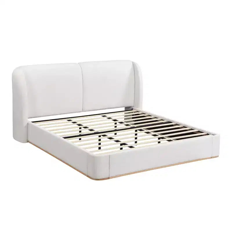 Lit plateforme moderne Whisen King avec tête de lit double oreiller, rembourré, tissu bouclé doux, design latéral ailé, lattes en bois massif