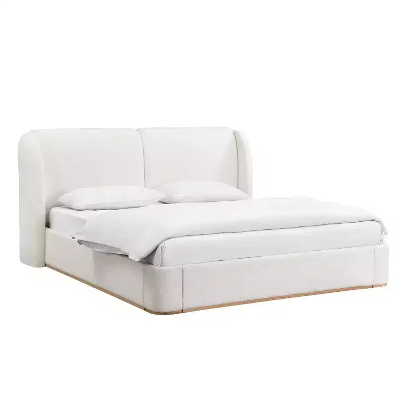 Lit plateforme moderne Whisen King avec tête de lit double oreiller, rembourré, tissu bouclé doux, design latéral ailé, lattes en bois massif