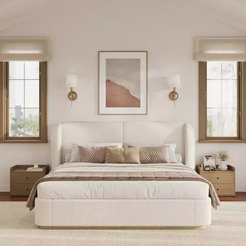 Lit plateforme moderne Whisen King avec tête de lit double oreiller, rembourré, tissu bouclé doux, design latéral ailé, lattes en bois massif