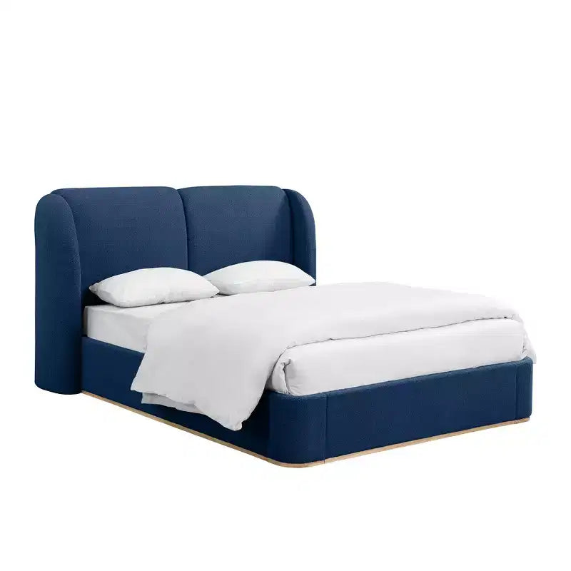 Lit plateforme moderne Whisen King avec tête de lit double oreiller, rembourré, tissu bouclé doux, design latéral ailé, lattes en bois massif