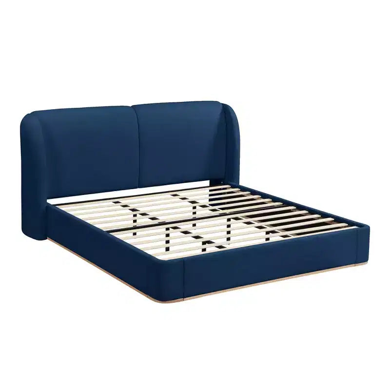 Lit plateforme moderne Whisen King avec tête de lit double oreiller, rembourré, tissu bouclé doux, design latéral ailé, lattes en bois massif