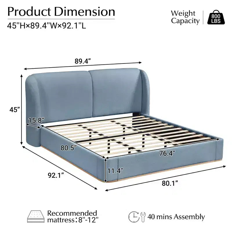 Lit plateforme moderne Whisen King avec tête de lit double oreiller, rembourré, tissu bouclé doux, design latéral ailé, lattes en bois massif