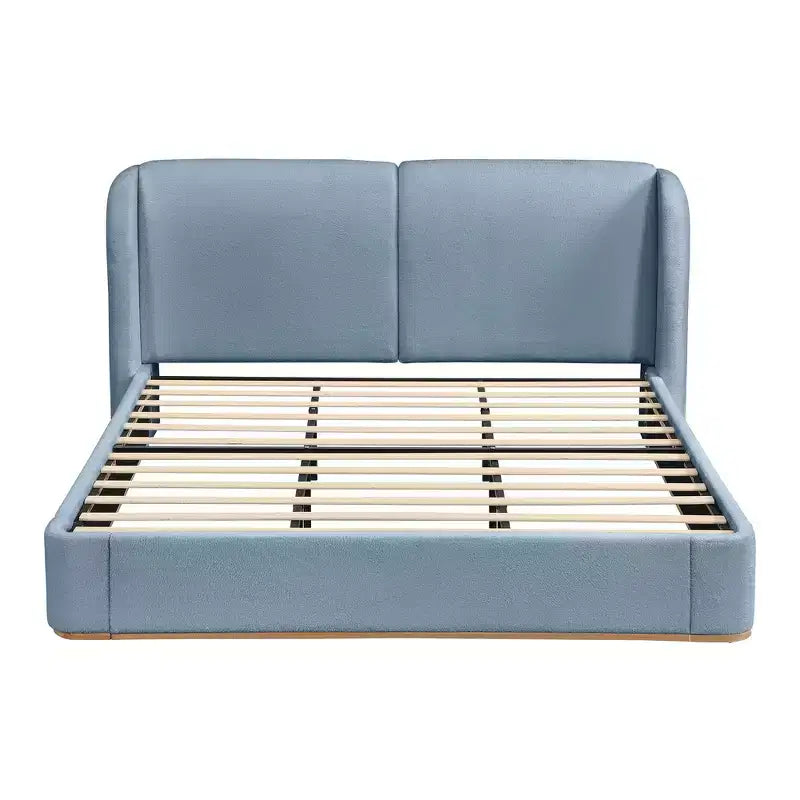 Lit plateforme moderne Whisen King avec tête de lit double oreiller, rembourré, tissu bouclé doux, design latéral ailé, lattes en bois massif