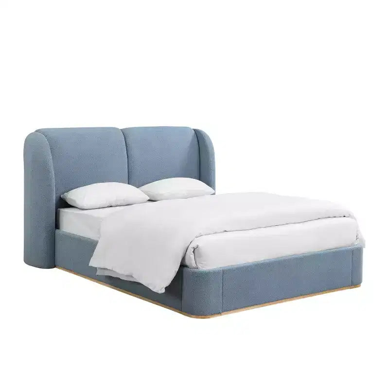 Lit plateforme moderne Whisen King avec tête de lit double oreiller, rembourré, tissu bouclé doux, design latéral ailé, lattes en bois massif