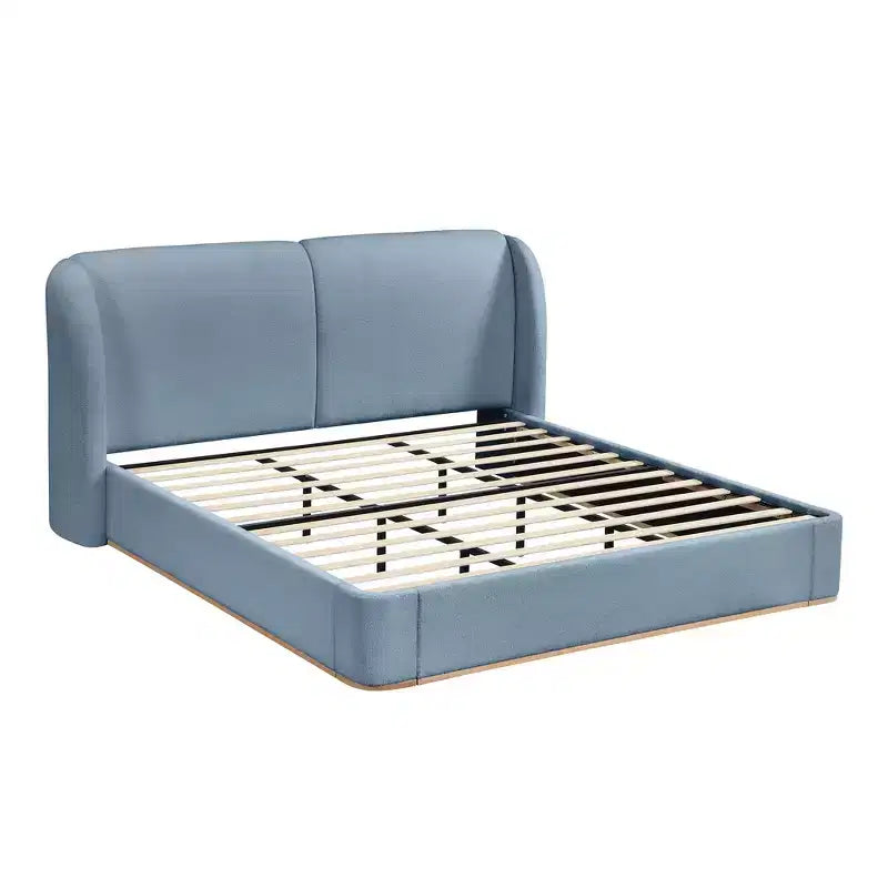 Lit plateforme moderne Whisen King avec tête de lit double oreiller, rembourré, tissu bouclé doux, design latéral ailé, lattes en bois massif
