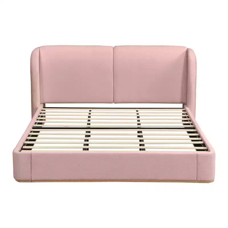 Lit plateforme moderne Whisen King avec tête de lit double oreiller, rembourré, tissu bouclé doux, design latéral ailé, lattes en bois massif