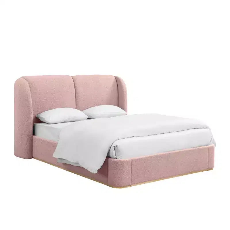 Lit plateforme moderne Whisen King avec tête de lit double oreiller, rembourré, tissu bouclé doux, design latéral ailé, lattes en bois massif