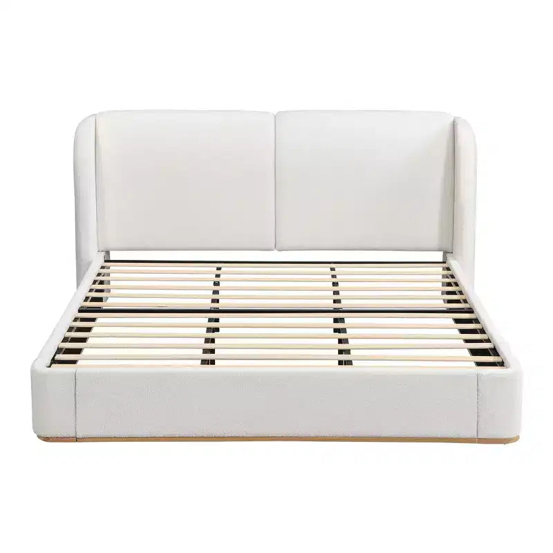 Lit plateforme moderne Whisen King avec tête de lit double oreiller, rembourré, tissu bouclé doux, design latéral ailé, lattes en bois massif