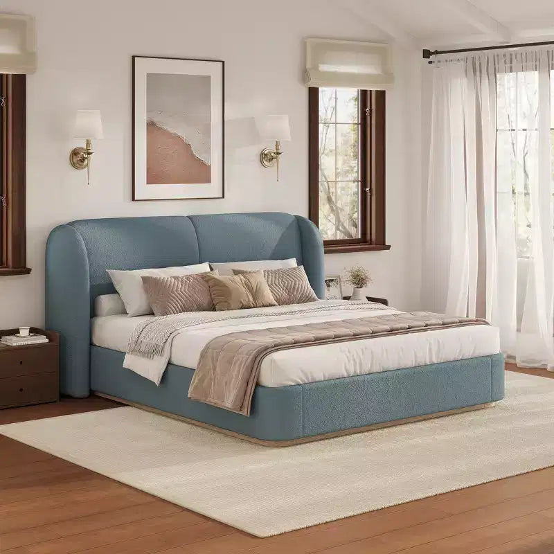Lit plateforme moderne Whisen King avec tête de lit double oreiller, rembourré, tissu bouclé doux, design latéral ailé, lattes en bois massif