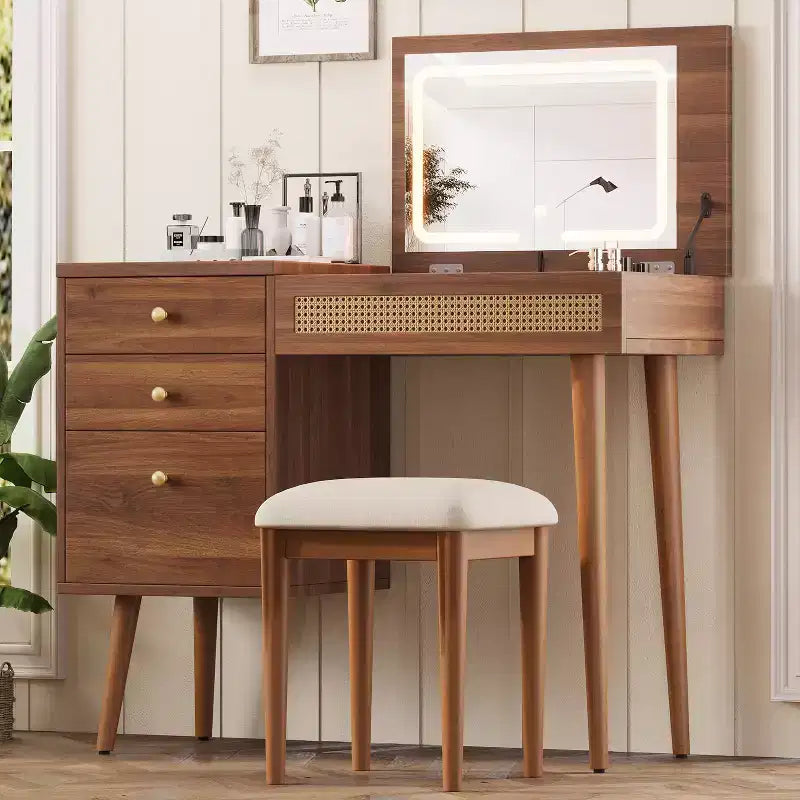 39-Inch Modern Makeup Vanity Desk with Flip-Top Mirror and Lights, 3 Drawers and 10 Compartments, Matching Stool for Bedroom