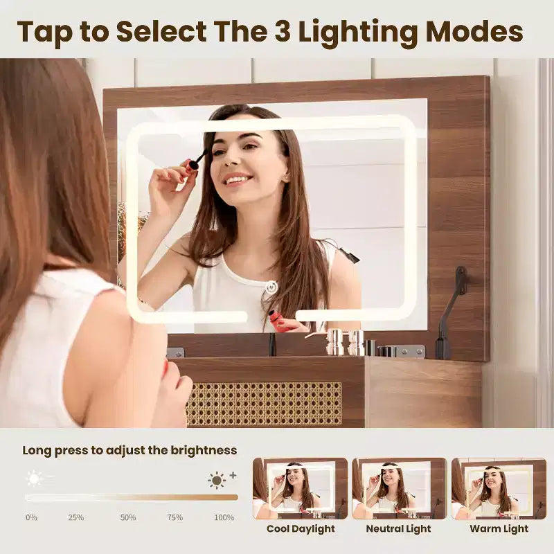 Coiffeuse moderne de 99 cm avec miroir escamotable et lumières, 3 tiroirs et 10 compartiments, tabouret assorti pour chambre à coucher