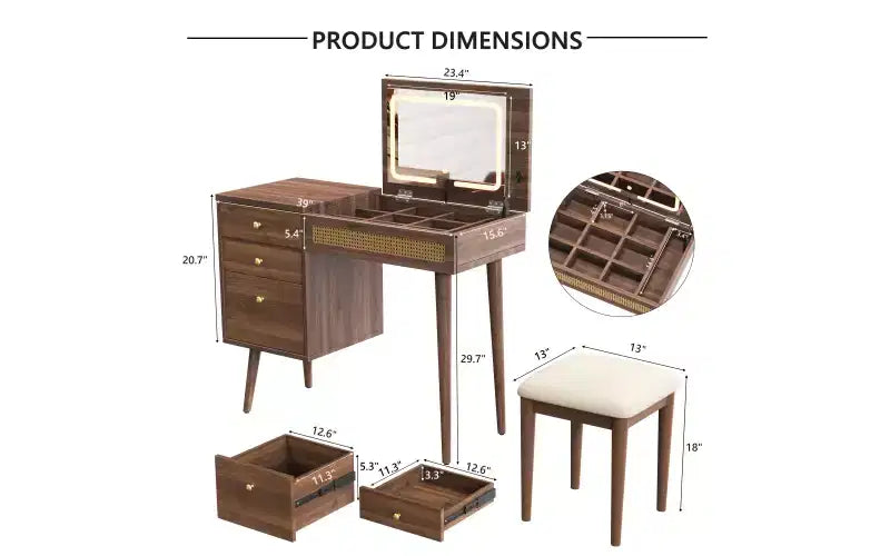 Coiffeuse moderne de 99 cm avec miroir escamotable et lumières, 3 tiroirs et 10 compartiments, tabouret assorti pour chambre à coucher