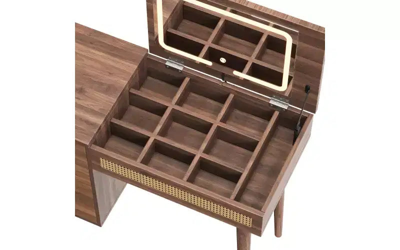 Coiffeuse moderne de 99 cm avec miroir escamotable et lumières, 3 tiroirs et 10 compartiments, tabouret assorti pour chambre à coucher