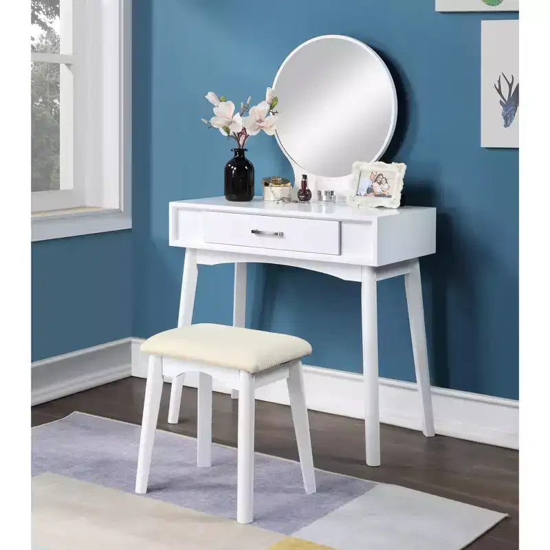 Coiffeuse de Maquillage Moderne avec Miroir Rond, Rangement Organisé, Tabouret Assorti pour Chambre à Coucher, Finition Blanche, Conception Gain de Place