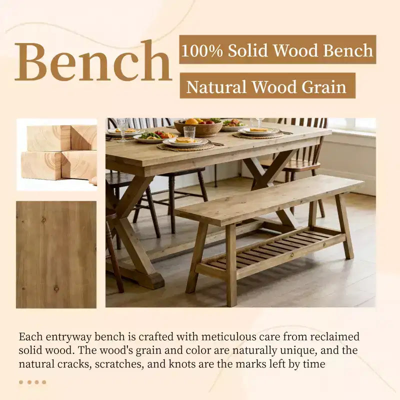 Banc d'entrée GDFStudio Eoghan 43 en bois massif de style campagnard avec étagère de rangement ouverte