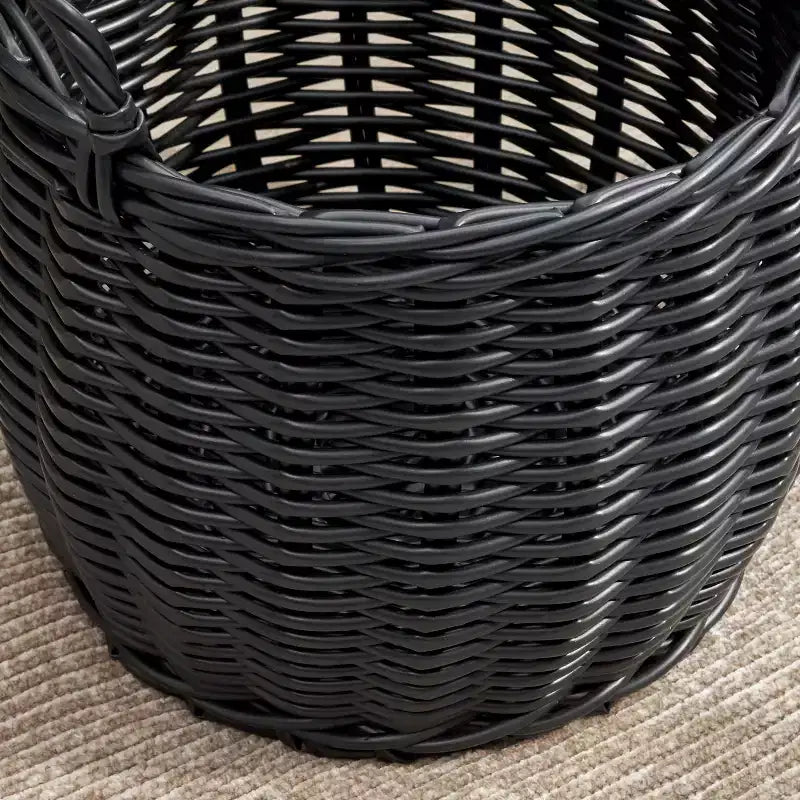 Panier de rangement rond en résine tressée noire avec poignées 33 x 33 x 26 cm – Organisateur polyvalent pour serviettes, jouets, magazines et décoration intérieure