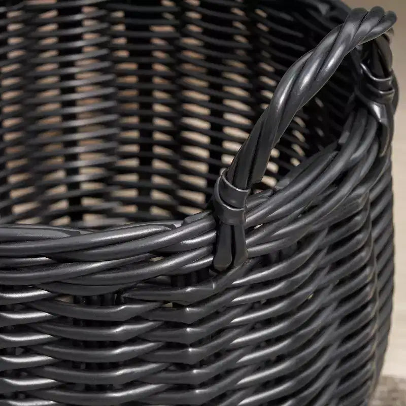 Panier de rangement rond en résine tressée noire avec poignées 33 x 33 x 26 cm – Organisateur polyvalent pour serviettes, jouets, magazines et décoration intérieure