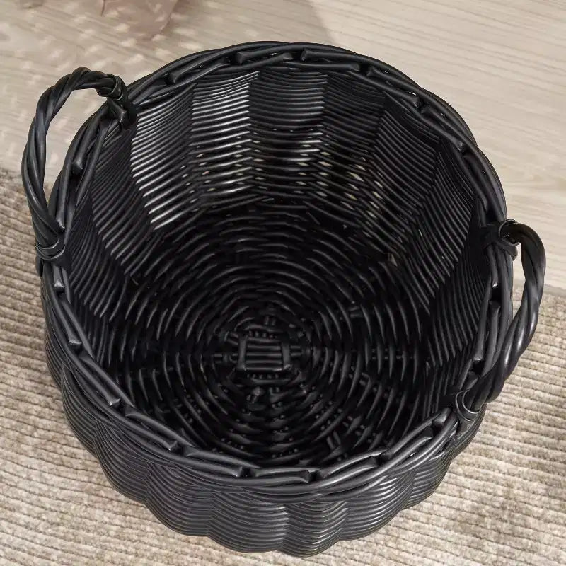 Panier de rangement rond en résine tressée noire avec poignées 33 x 33 x 26 cm – Organisateur polyvalent pour serviettes, jouets, magazines et décoration intérieure