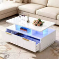 35 LED Coffee Table with 4 Storage Drawers and Open Shelf - Modern White Rectangular Table with Color-Changing Lights