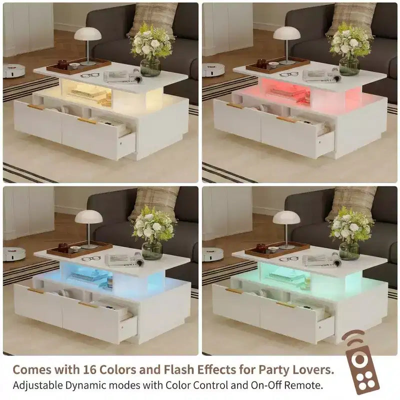 Table basse LED 35" avec 4 tiroirs de rangement et étagère ouverte - Table rectangulaire moderne blanche avec lumières changeantes de couleur