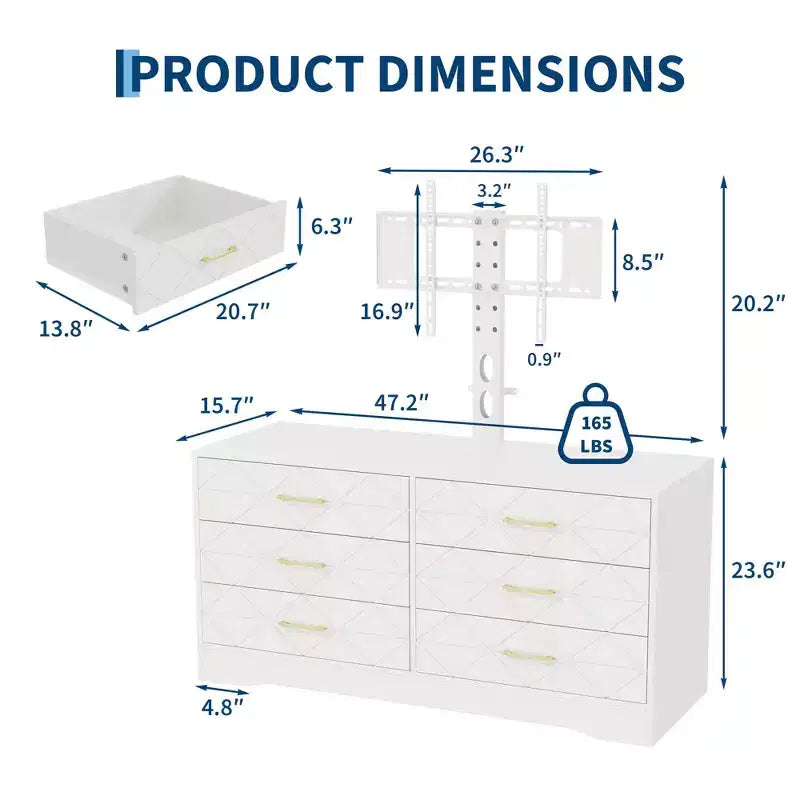 Meuble TV 6 tiroirs avec support pour TV de 32 à 80 pouces, meuble de divertissement en bois avec hauteur réglable, console multimédia de rangement
