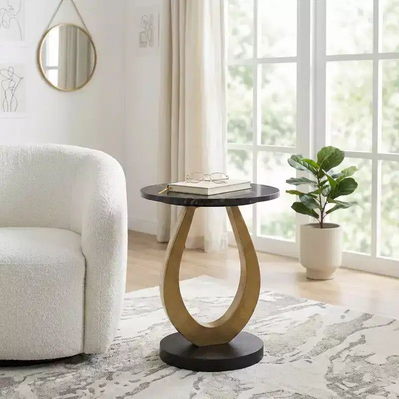 Round End and Side Table for Small Spaces - Curved Base Design with Wood Top for Living Room and Bedroom Decor and Home Decor - 22, Gold & Black