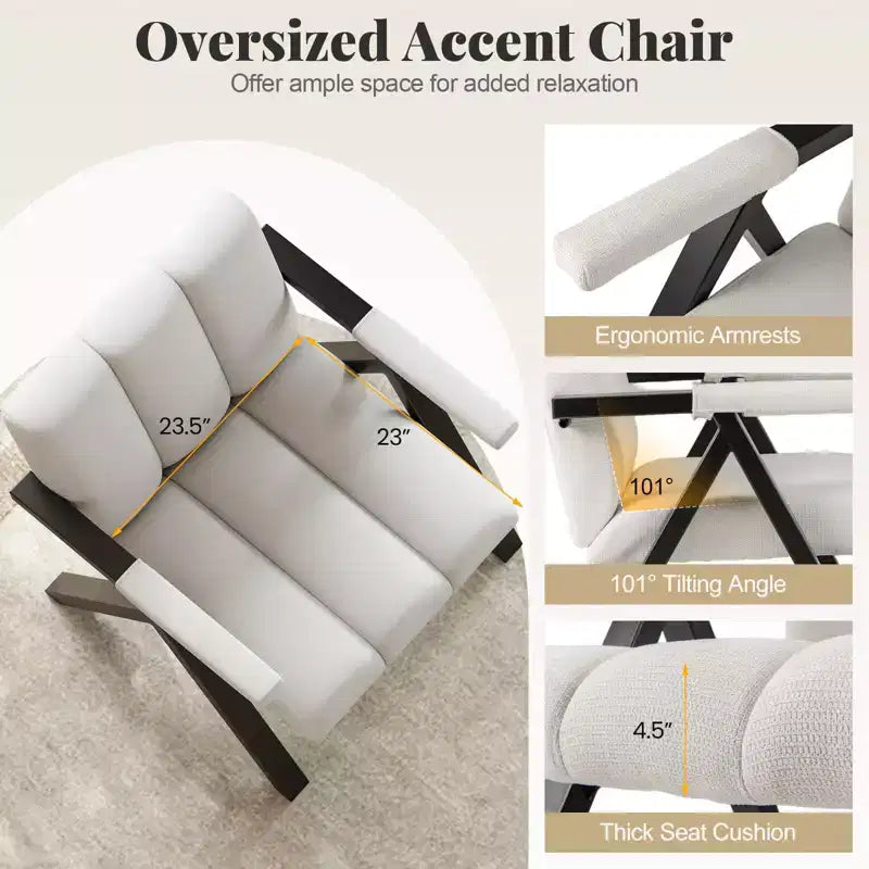 Costway 1/2 Fauteuil d'appoint surdimensionné avec structure en métal et accoudoirs Fauteuil moderne du milieu du siècle Gris/Blanc
