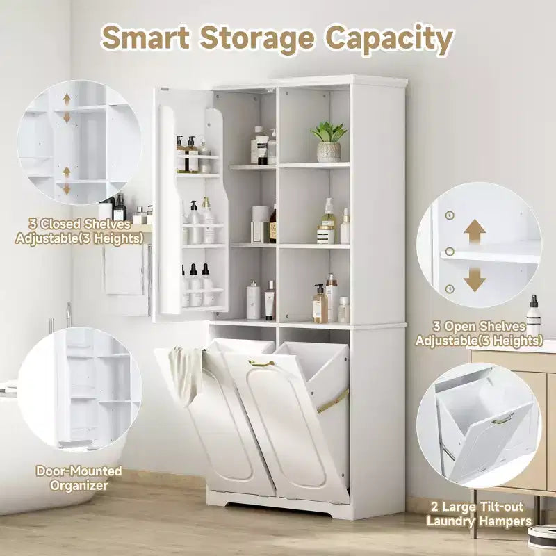 Christopher Knight Home Thorn Armoire de salle de bain de 172 cm avec 2 paniers à linge inclinables, 1 porte et étagères réglables
