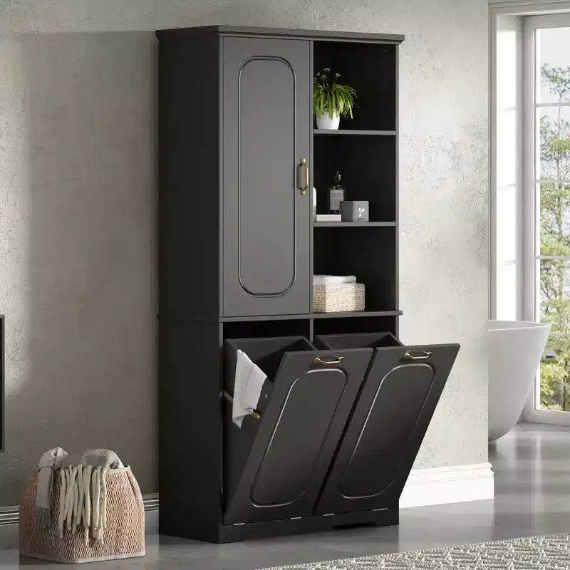 Christopher Knight Home Thorn Armoire de salle de bain de 172 cm avec 2 paniers à linge inclinables, 1 porte et étagères réglables