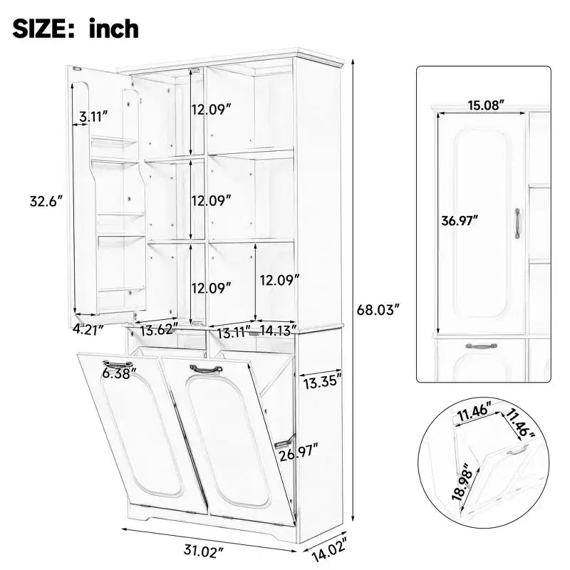 Christopher Knight Home Thorn Armoire de salle de bain de 172 cm avec 2 paniers à linge inclinables, 1 porte et étagères réglables