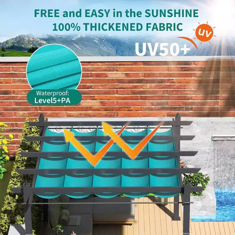 Pergola extérieure moderne en aluminium avec auvent rétractable et moustiquaire latérale, aspect bois, moustiquaire, protection UV pour jardin, terrasse