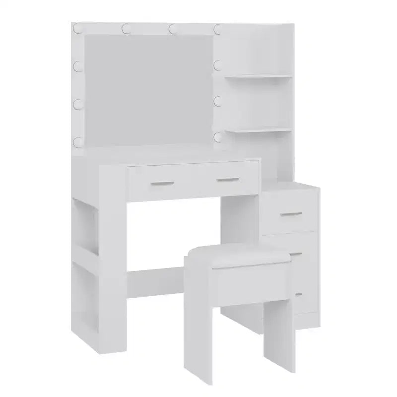 41 Vanity Desk with 10-Bulb Mirror, Built-in Outlets, 3 Lighting Modes, 5 Drawers & Cushioned Stool, Makeup Dressing Table for Bedroom