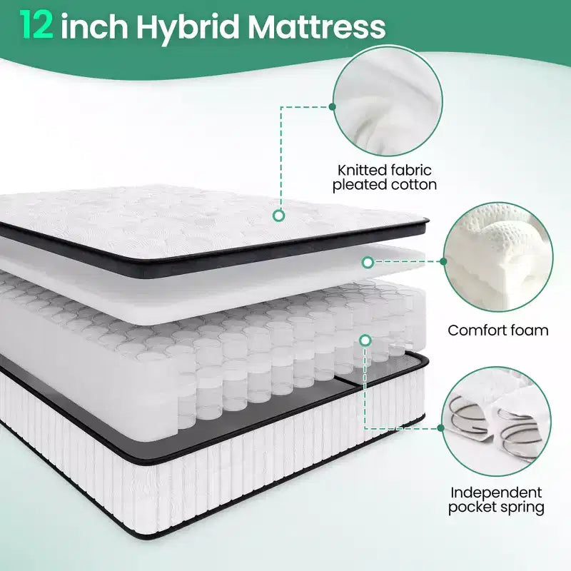 Matelas hybride 12 po avec ressorts ensachés et mousse confort, housse en tricot respirant, soutien mi-ferme Grand lit