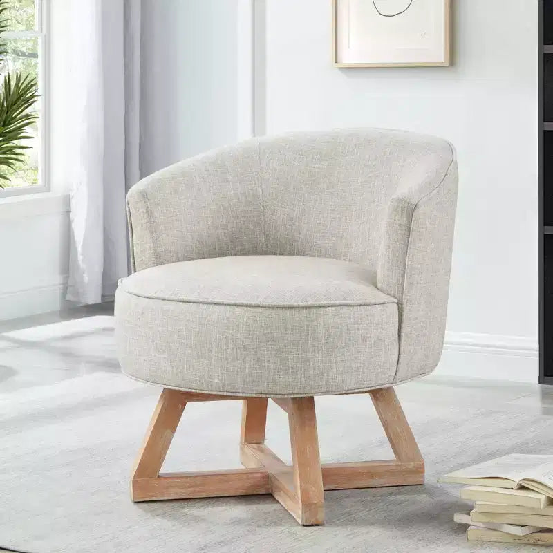 Fauteuil pivotant à 360°, fauteuil de salon en lin avec base en bois en forme de croix, fauteuil pour salon, chambre, bureau - ModernLuxe