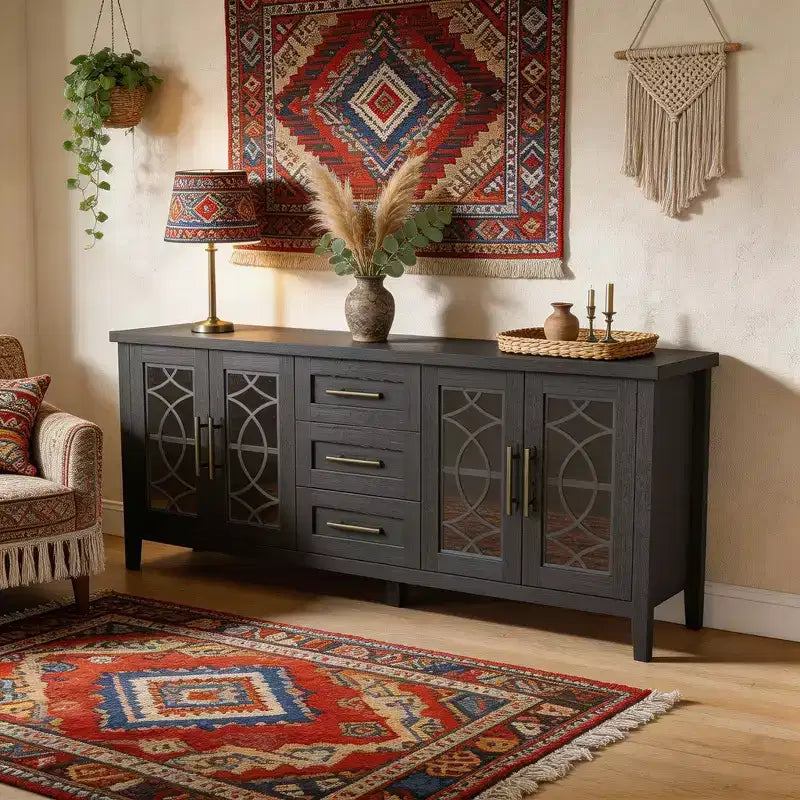 Meuble TV rustique de 70 pouces, meuble de divertissement style ferme avec porte en verre, armoires de rangement, tiroirs, console multimédia moderne pour salon