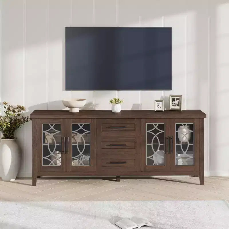 Meuble TV rustique de 70 pouces, meuble de divertissement style ferme avec porte en verre, armoires de rangement, tiroirs, console multimédia moderne pour salon