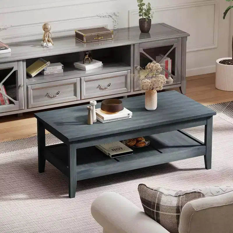Table basse rectangulaire à 2 niveaux Costway avec étagère de rangement à lattes et plateau épais Bleu charbon/Marron