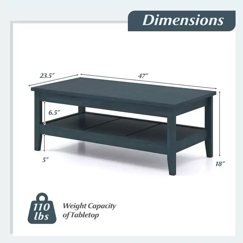Table basse rectangulaire à 2 niveaux Costway avec étagère de rangement à lattes et plateau épais Bleu charbon/Marron