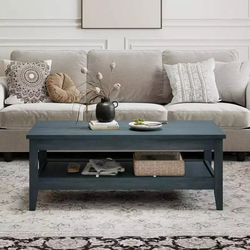 Table basse rectangulaire à 2 niveaux Costway avec étagère de rangement à lattes et plateau épais Bleu charbon/Marron