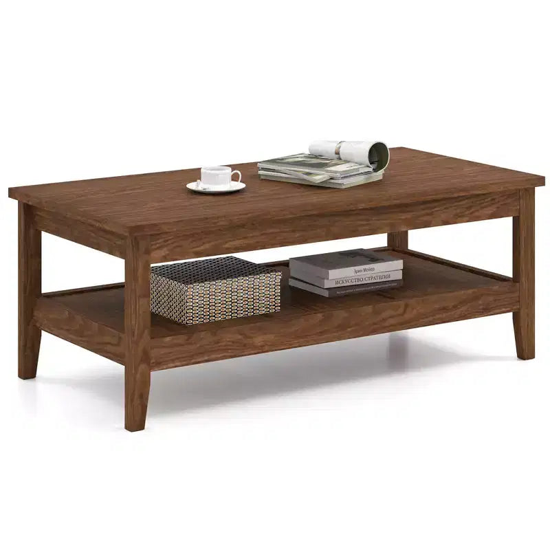 Costway 2-Tier Rectangle Center Table with Slatted Storage Shelf & Thickened Tabletop Charcoal Blue/Brown