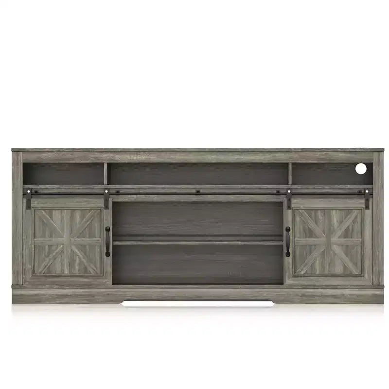 Meuble TV de ferme de 66 po pour téléviseur de 75 po, centre de divertissement avec portes de grange, rangement semi-ouvert et étagère réglable