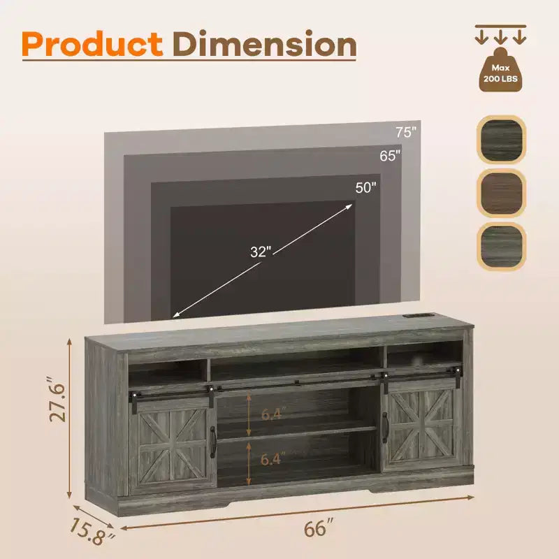Meuble TV de ferme de 66 po pour téléviseur de 75 po, centre de divertissement avec portes de grange, rangement semi-ouvert et étagère réglable