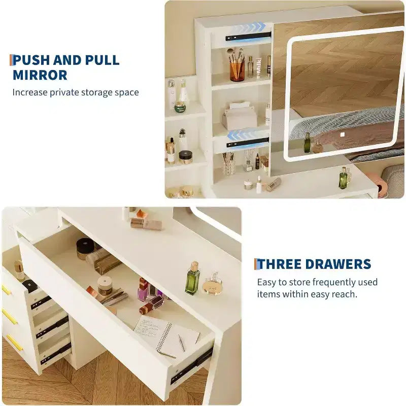 Coiffeuse avec tabouret en PU, table de maquillage avec 4 tiroirs, étagères de rangement ouvertes et miroir coulissant lumineux à LED