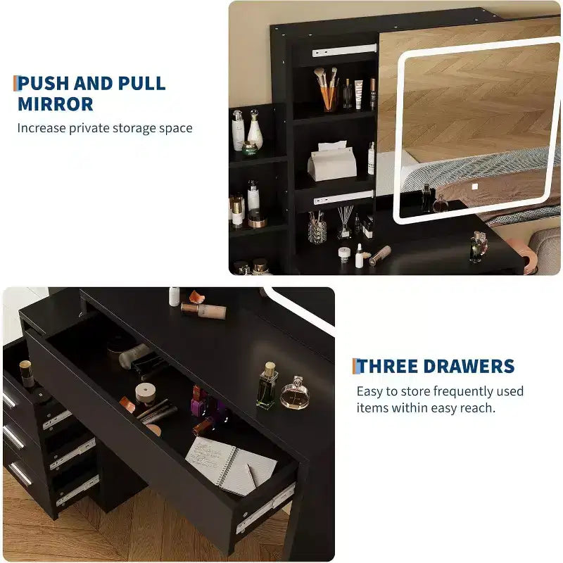 Coiffeuse avec tabouret en PU, table de maquillage avec 4 tiroirs, étagères de rangement ouvertes et miroir coulissant lumineux à LED