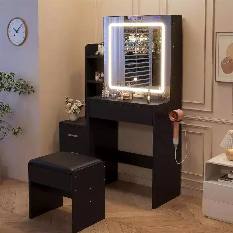 Coiffeuse avec tabouret en PU, table de maquillage avec 4 tiroirs, étagères de rangement ouvertes et miroir coulissant lumineux à LED